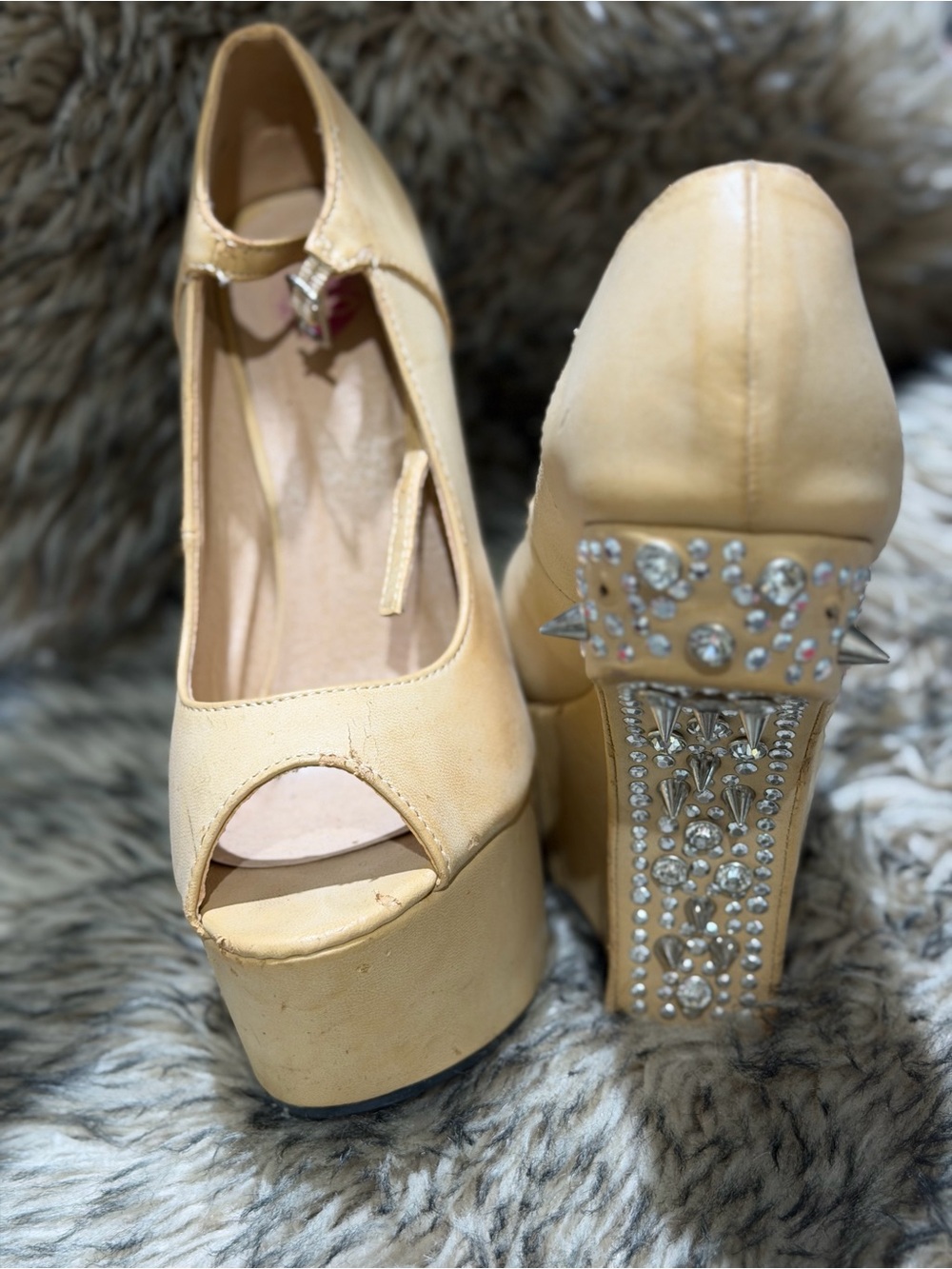 Beige Leather Platform Peep-Toe Heels with Bling Embellished Block Heel